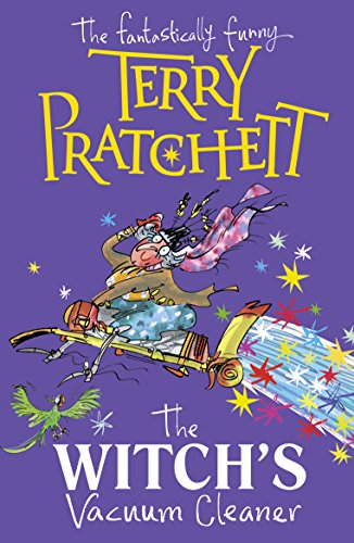 Book cover: "The Witch's Vacuum Cleaner" by Terry Pratchett, with a witch on a vacuum.