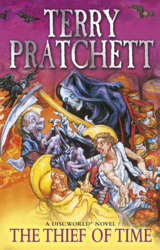 "Book cover of 'Thief of Time' by Terry Pratchett, featuring Death and monks in a chaotic scene."
