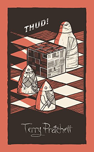 "Book cover with three stone figures on a checkerboard, titled 'Thud!' by Terry Pratchett."