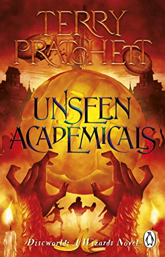Book cover: “Unseen Academicals” by Terry Pratchett, with figures in a globe.
