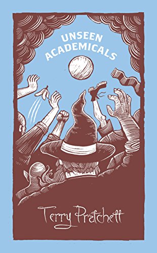 "Book cover with brown and blue illustration of wizards playing football, by Terry Pratchett."