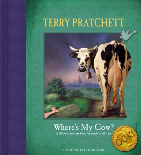 "Book cover featuring a cow and a person lying down, with green background."