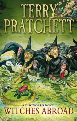 Book cover: three witches on broomsticks with a cat and frog.