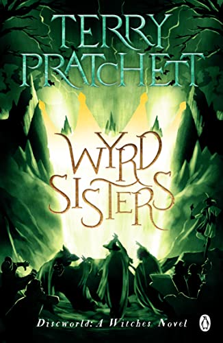 Book cover for “Wyrd Sisters” by Terry Pratchett, featuring shadowy figures.