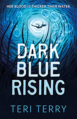 Book cover: dark blue swirls, a figure swimming, and white text.