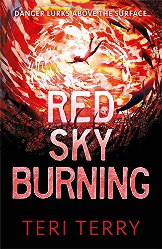 Book cover: swirling red sky, sharks, and a silhouetted swimmer.