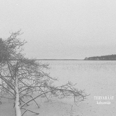 Black and white landscape with water, bare trees, and text overlay.