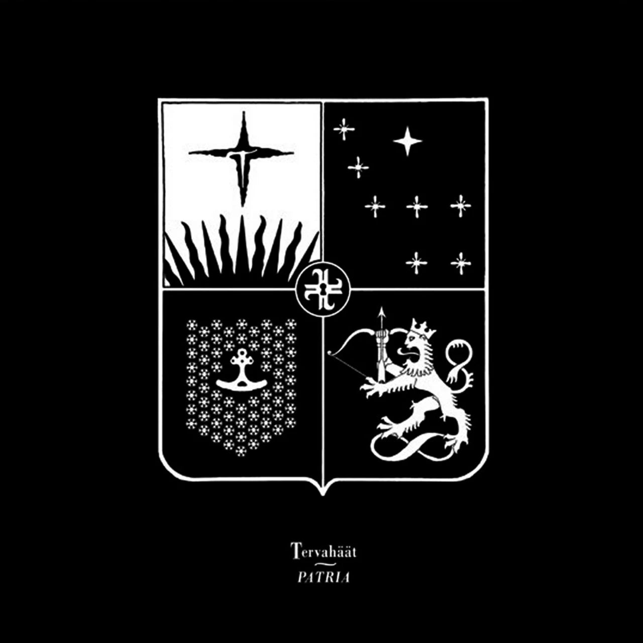 White shield with symbols including a lion, stars, and pine branches on black.