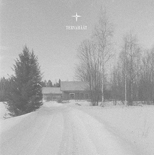 Black and white winter landscape with a small cabin and trees.