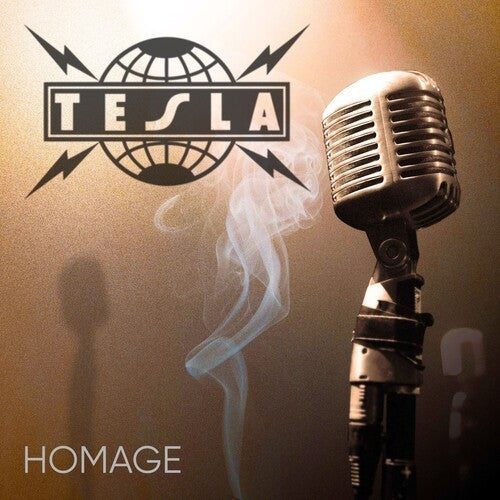 Vintage microphone with smoke, “Tesla” logo, and “Homage” text on a brown background.