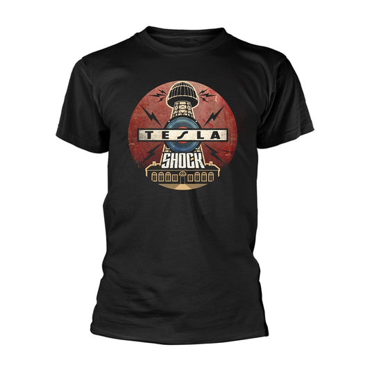 Black t-shirt with graphic of a Tesla coil and the word "SHOCK".