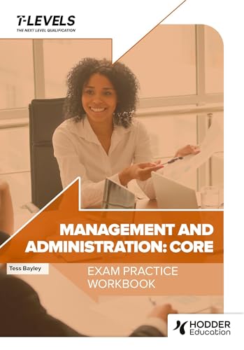 Management and Administration T Level exam practice workbook cover featuring a woman in an office.