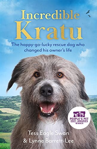 Book cover featuring a close-up of a fluffy grey rescue dog against a blue sky.