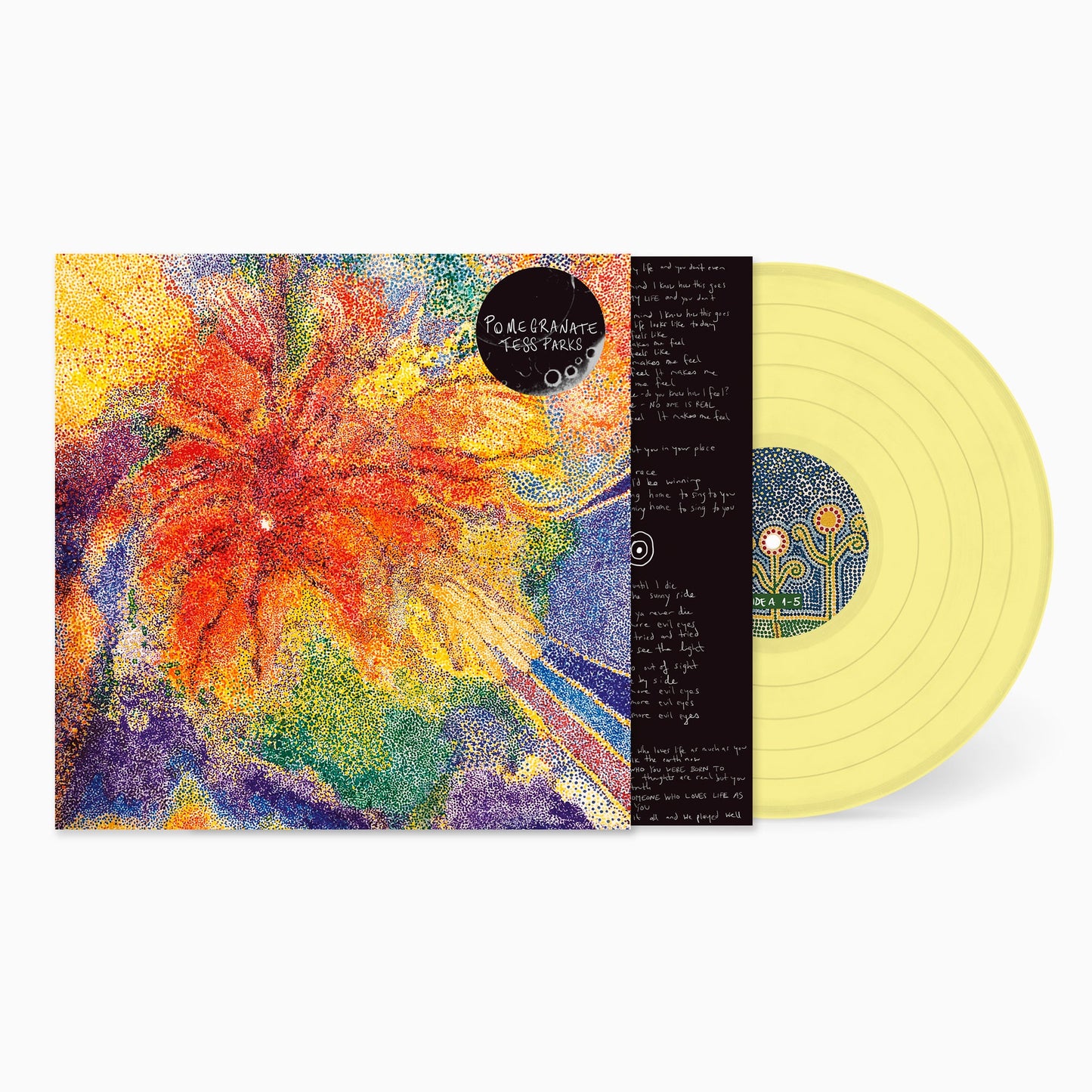 Tess Parks Pomegranate vinyl record with yellow disc and colorful pointillist album cover art.