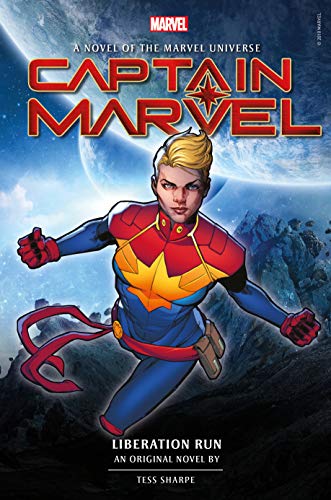 Captain Marvel book cover featuring a dynamic, illustrated superhero in flight.
