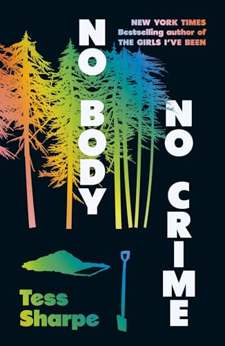 Book cover: dark background, colorful trees, shovel, and text “No Body, No Crime.”