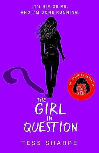 Book cover: woman walking away on purple background, text reads "The Girl in Question".