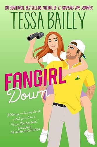 Book cover: illustrated couple, woman on man’s shoulders, pink title “Fangirl Down.”