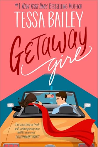 Book cover: yellow car with couple, red scarf flowing, title "Getaway Girl".