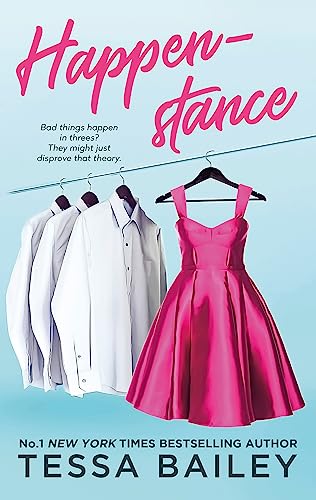 Book cover: “Happenstance” with a pink dress and white shirts hanging.