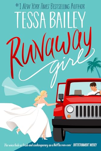 A bride in a wedding dress approaches a red Jeep driven by a man.