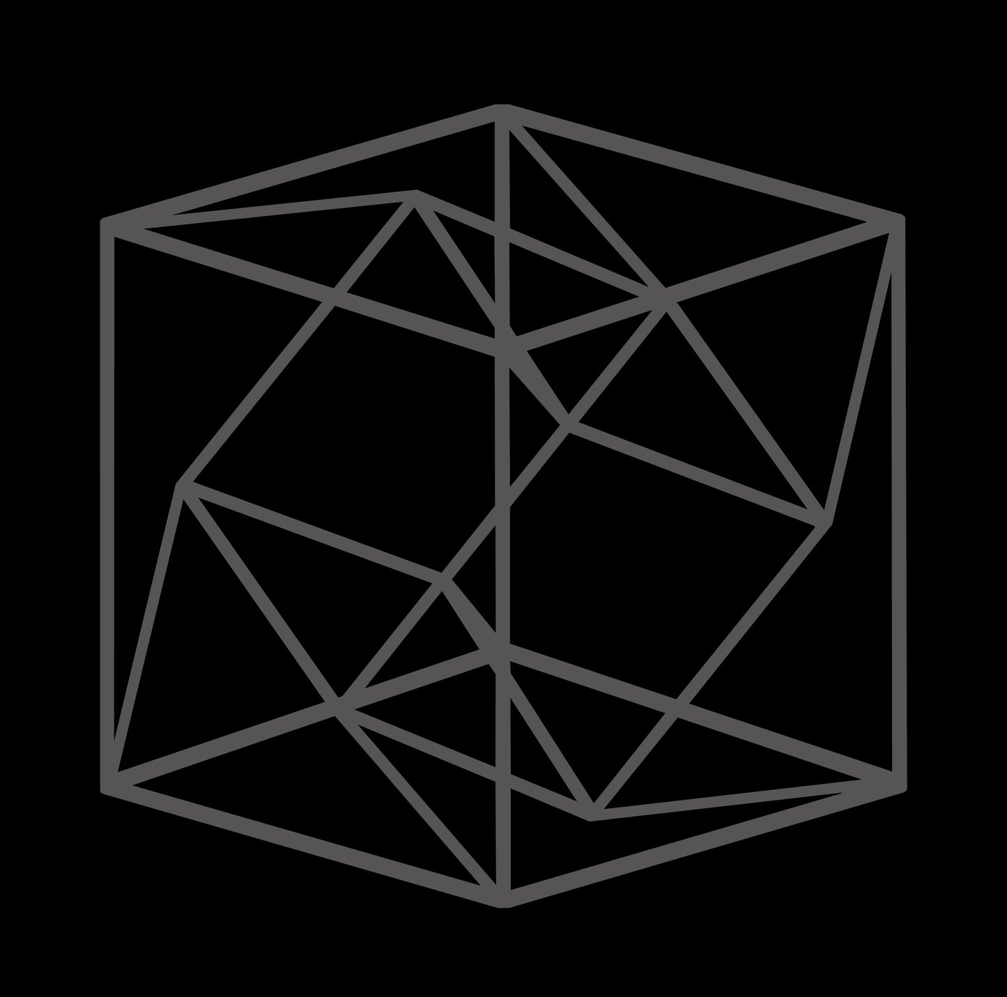 Gray geometric tesseract design on a black background.