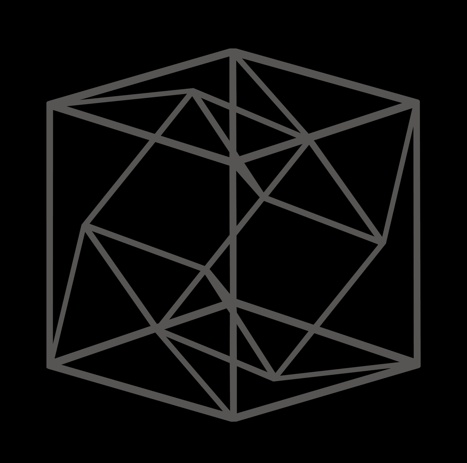 Gray geometric tesseract design on a black background.