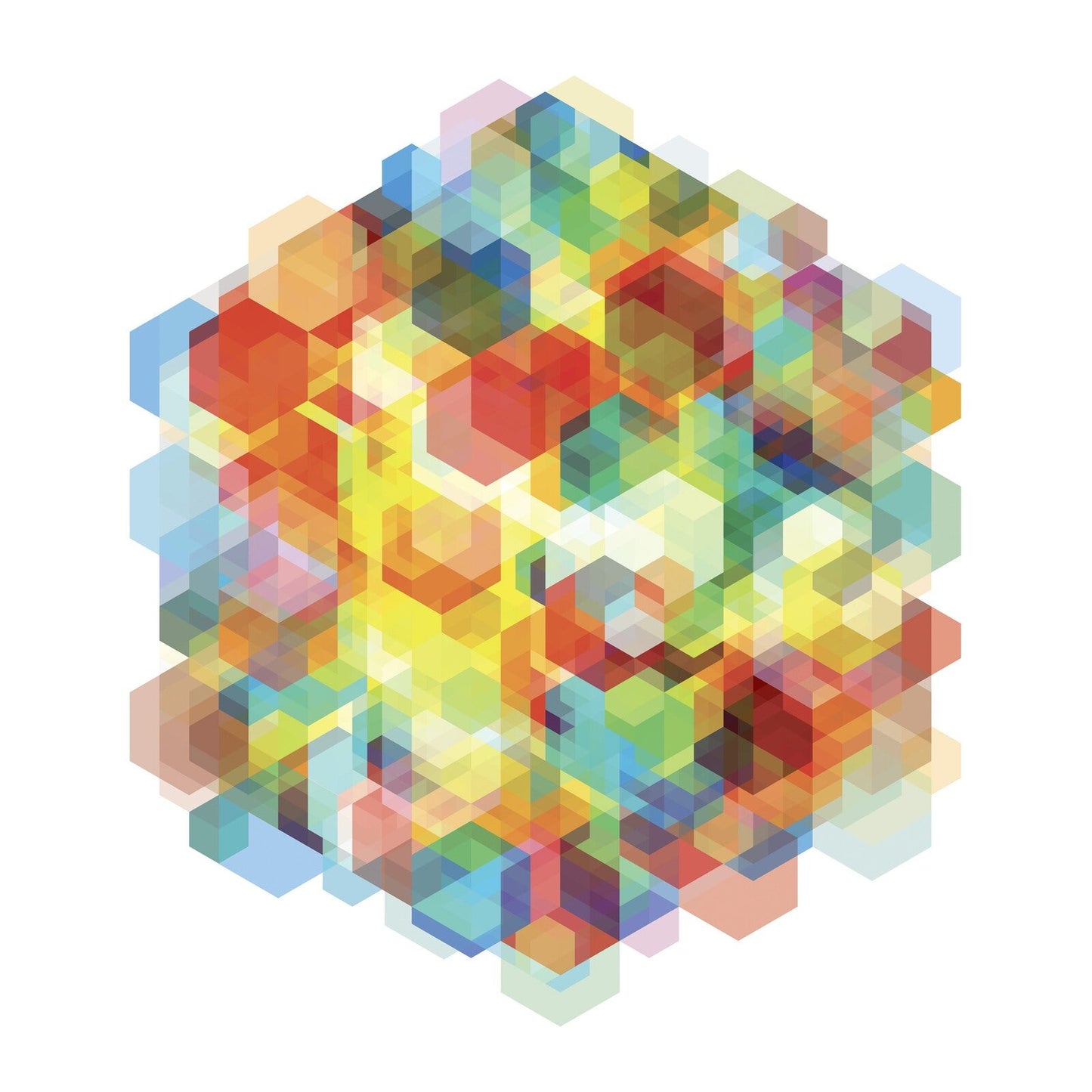 Abstract geometric artwork with layered squares in vibrant, varied colors.
