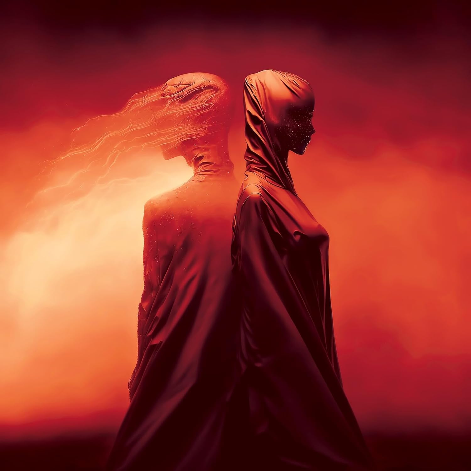 Two hooded figures stand back-to-back against a vibrant, hazy red background.