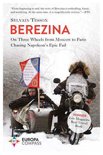 Book cover: "Berezina" depicts two figures on a three-wheeled motorcycle in snow.
