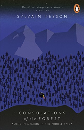Book cover with a cabin in a forest, mountains in the background, under a starry sky.