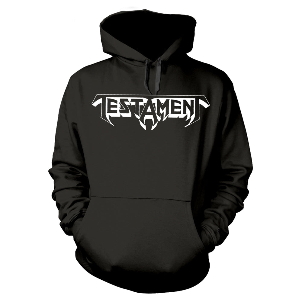 Black hoodie with large white "Testament" band logo on the chest.