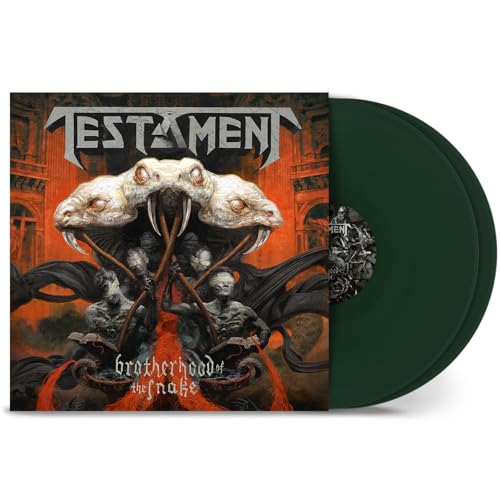 Testament Brotherhood of the Snake vinyl album cover and dark green vinyl record.