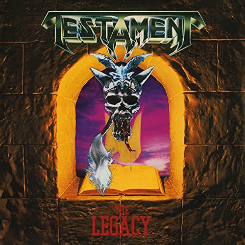 Testament’s “Legacy” album cover: skull in archway with open book.