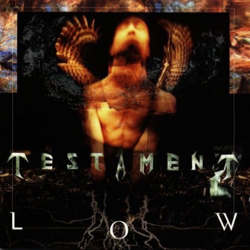 The alt text for the image is: "Album cover with distorted man and wings, 'Testament Low' text."