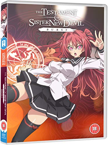 DVD case for "The Testament of Sister New Devil Burst" featuring anime girl with red hair.