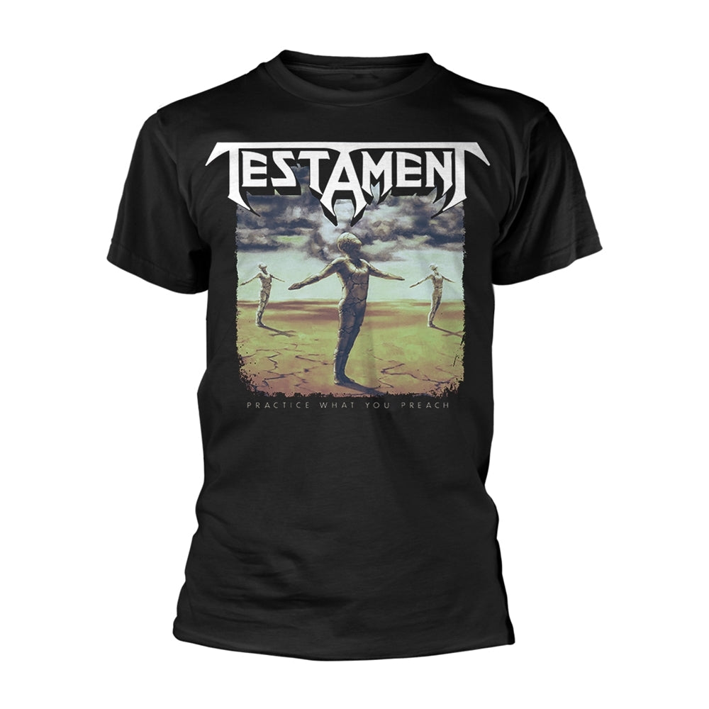 Black t-shirt with "Testament" band logo and album art graphic.