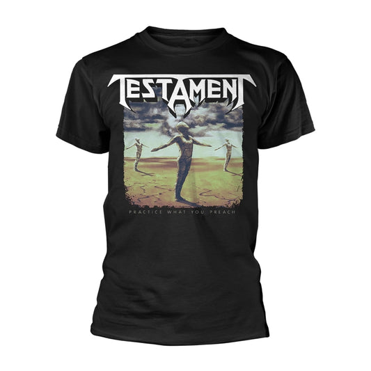 Black t-shirt with "Testament" band logo and album art graphic.
