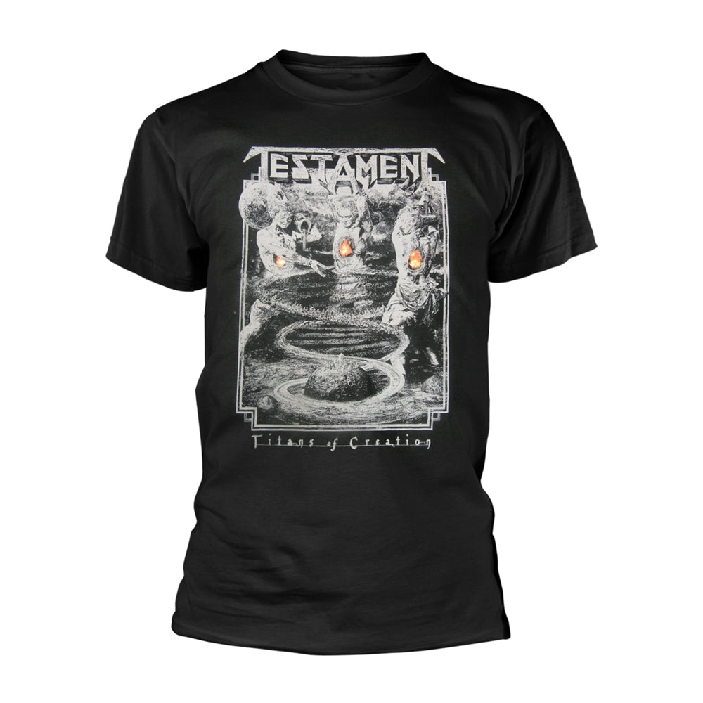 Black t-shirt with grey "Testament - Titans of Creation" album artwork.
