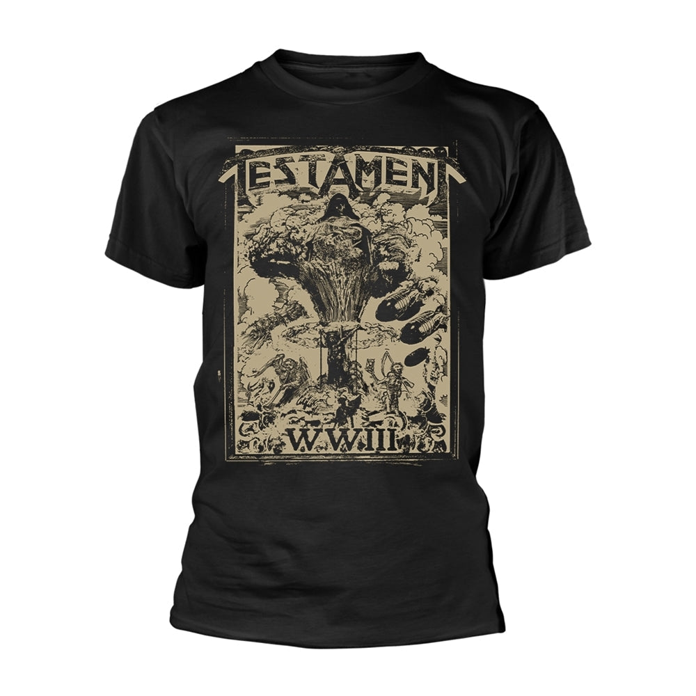 Black t-shirt with detailed illustration of war and text "TESTAMENT - WWIII".