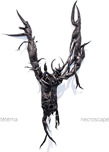 A dark, abstract, branch-like sculpture on a white background with text at the bottom.