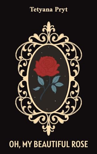 Book cover: black background, ornate frame, and a red rose illustration.