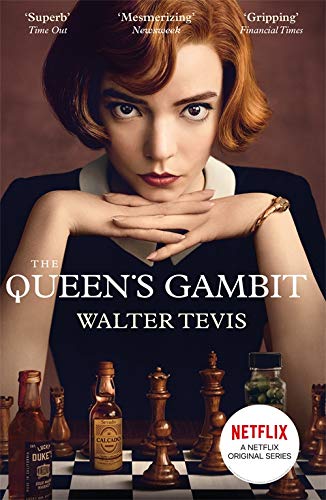 Book cover featuring Anya Taylor-Joy, chess pieces, and bottles.