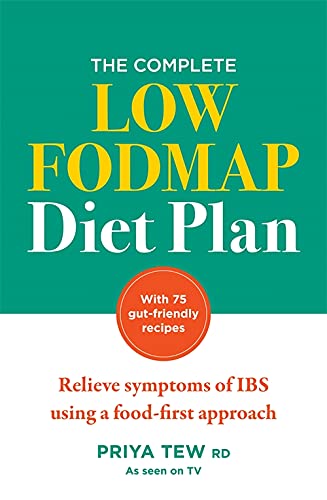 Book cover: "The Complete Low FODMAP Diet Plan" with yellow and red text.