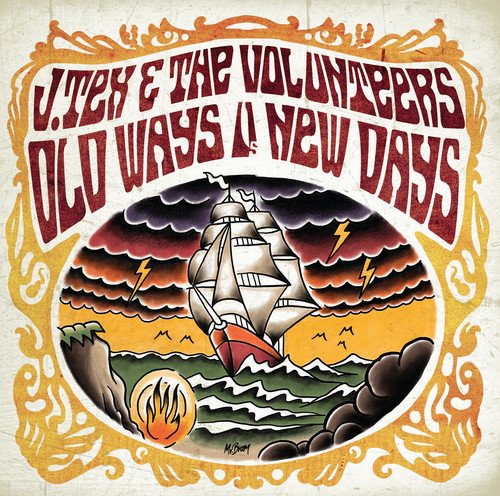 CD cover: sailing ship in stormy seas, traditional tattoo style.