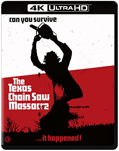 Silhouette of a person holding a chainsaw on a red and white background.