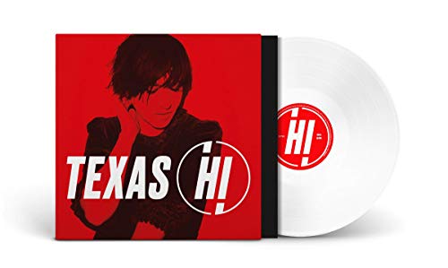 Red album cover with portrait and white vinyl record beside it.