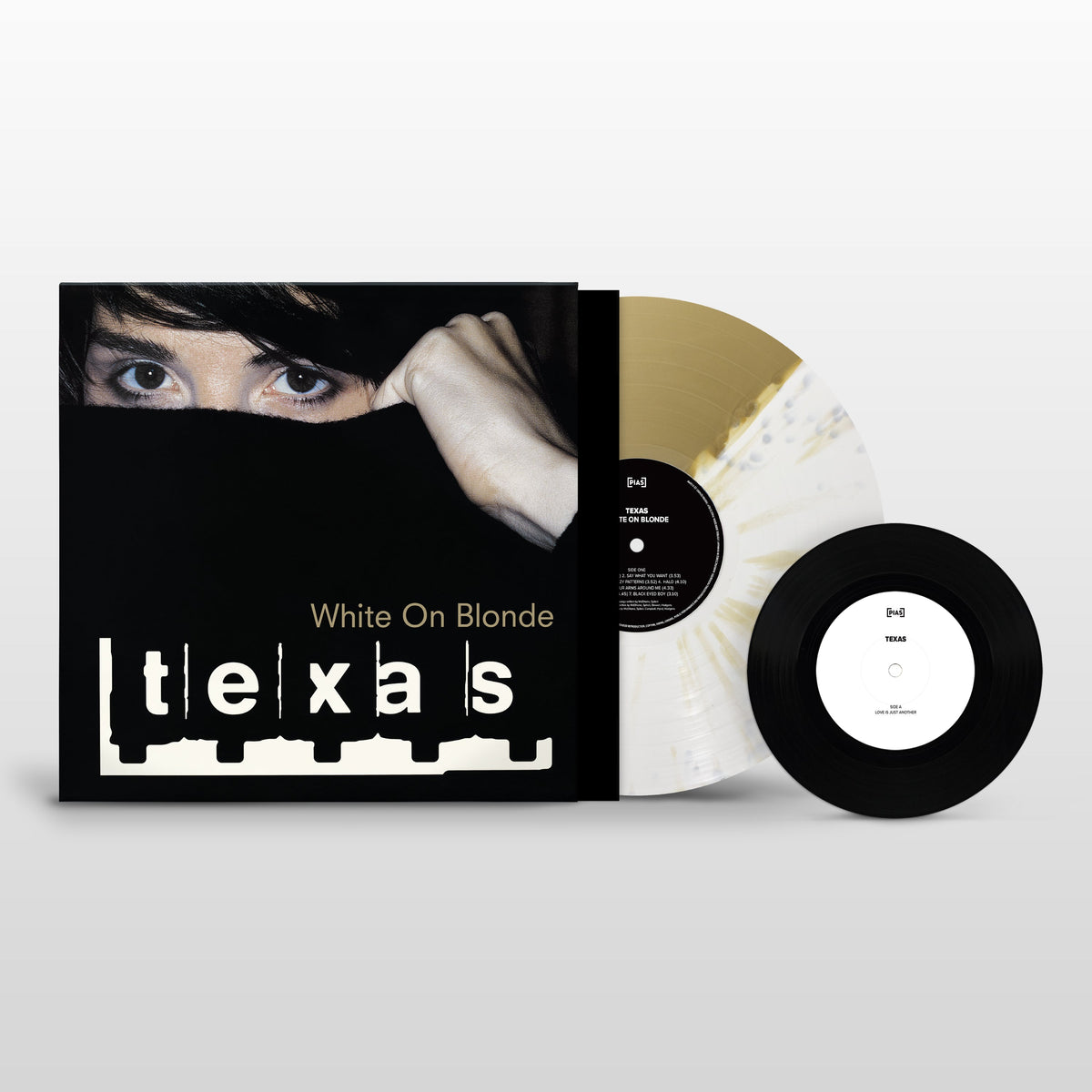 “Texas” album cover and vinyl records, featuring a face partially obscured.