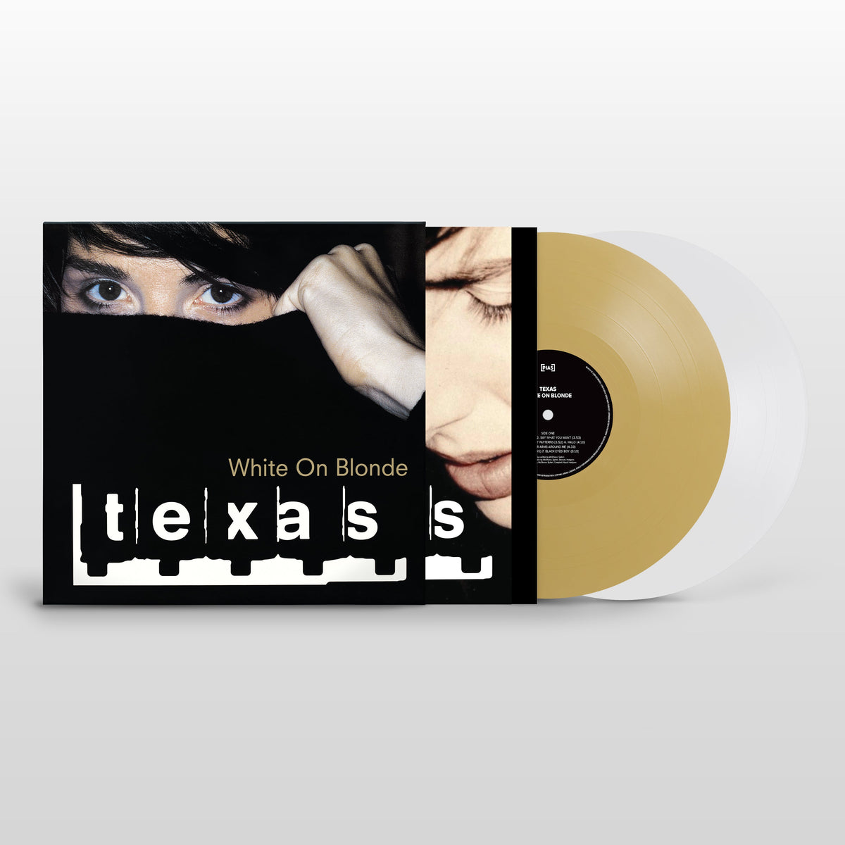Album cover for Texas’ “White On Blonde” with a gold vinyl record.