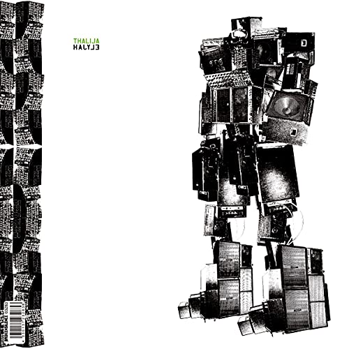 Black and white album cover featuring a robot constructed from cassette tapes.